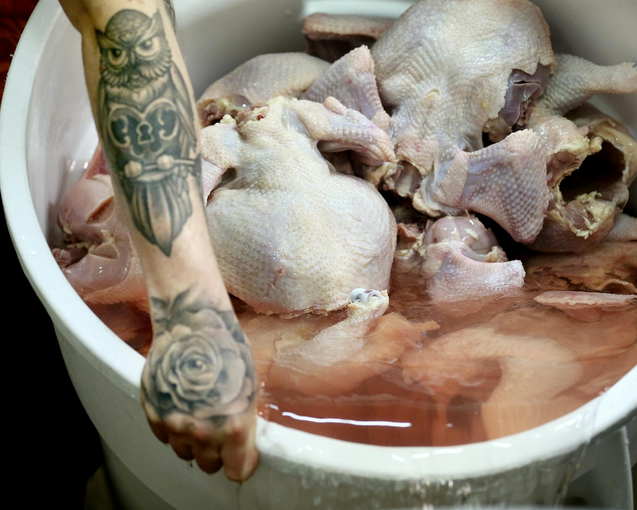 Zach Malich an inmate at the Northeast Regional Corrections Center poured water of chickens. Inmates at the Northeast Regional Corrections Center butcher chickens and pigs mostly to eat later in the week for lunch. A few lawmakers want to turn that loose program into a certification-granting curriculum with the idea that it will help the men get jobs and, more broadly, respond to a shortage of butchers.