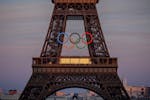 The Olympic rings are seen on the Eiffel Tower Friday, June 7, 2024, in Paris. The Paris Olympics organizers mounted the rings on the Eiffel Tower on 