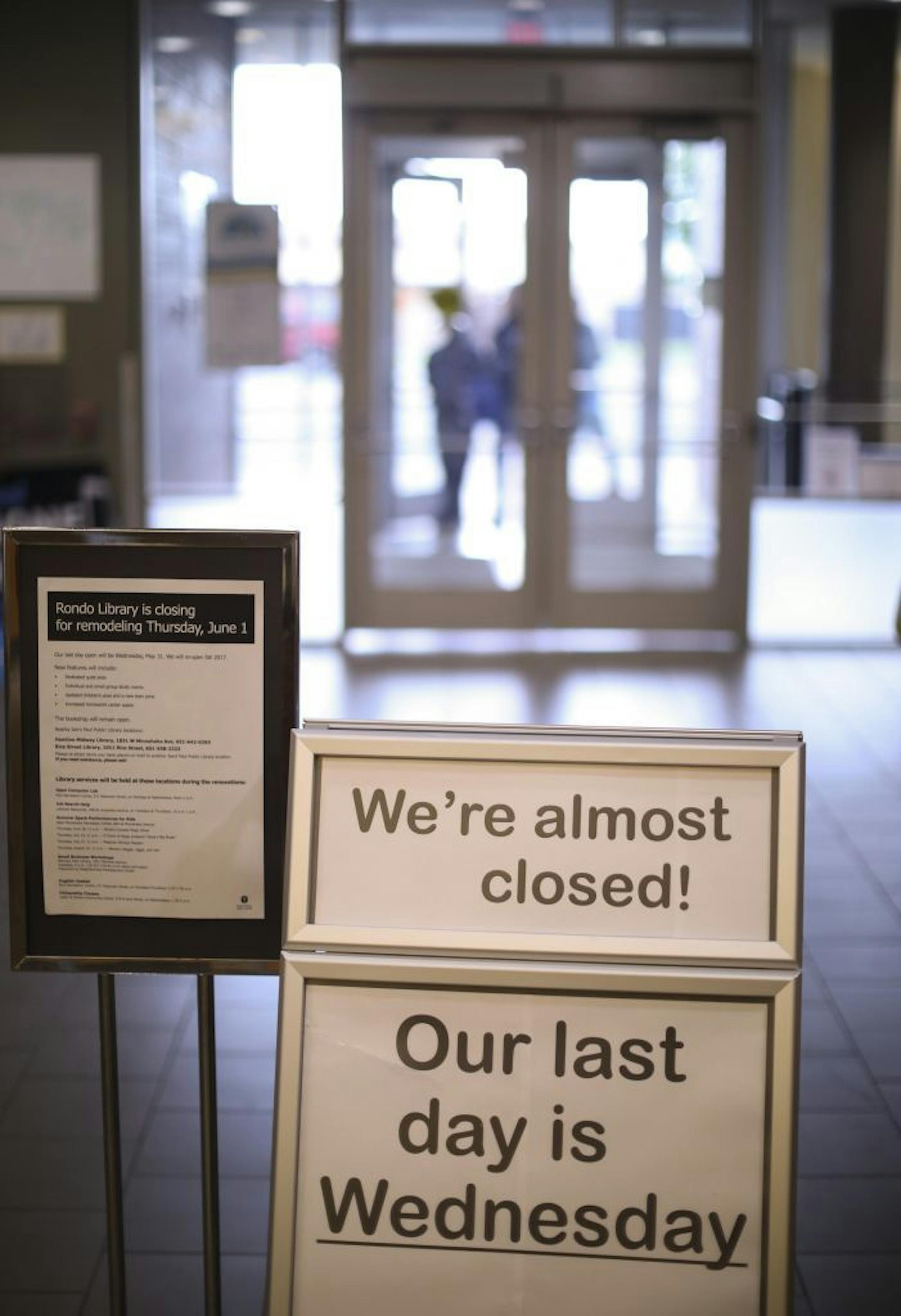 Signage reminded Rondo Library users that the building will be closed starting Thursday for remodeling.