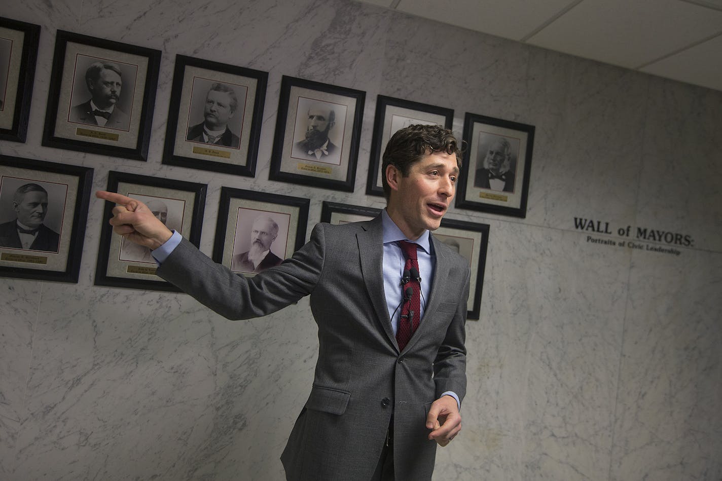 Shortly after being sworn-in as the Mayor of Minneapolis, Jacob Frey held his first press conference as mayor outside City Council Chambers, Tuesday, January 2, 2108 in Minneapolis, MN. ] ELIZABETH FLORES &#xef; liz.flores@startribune.com