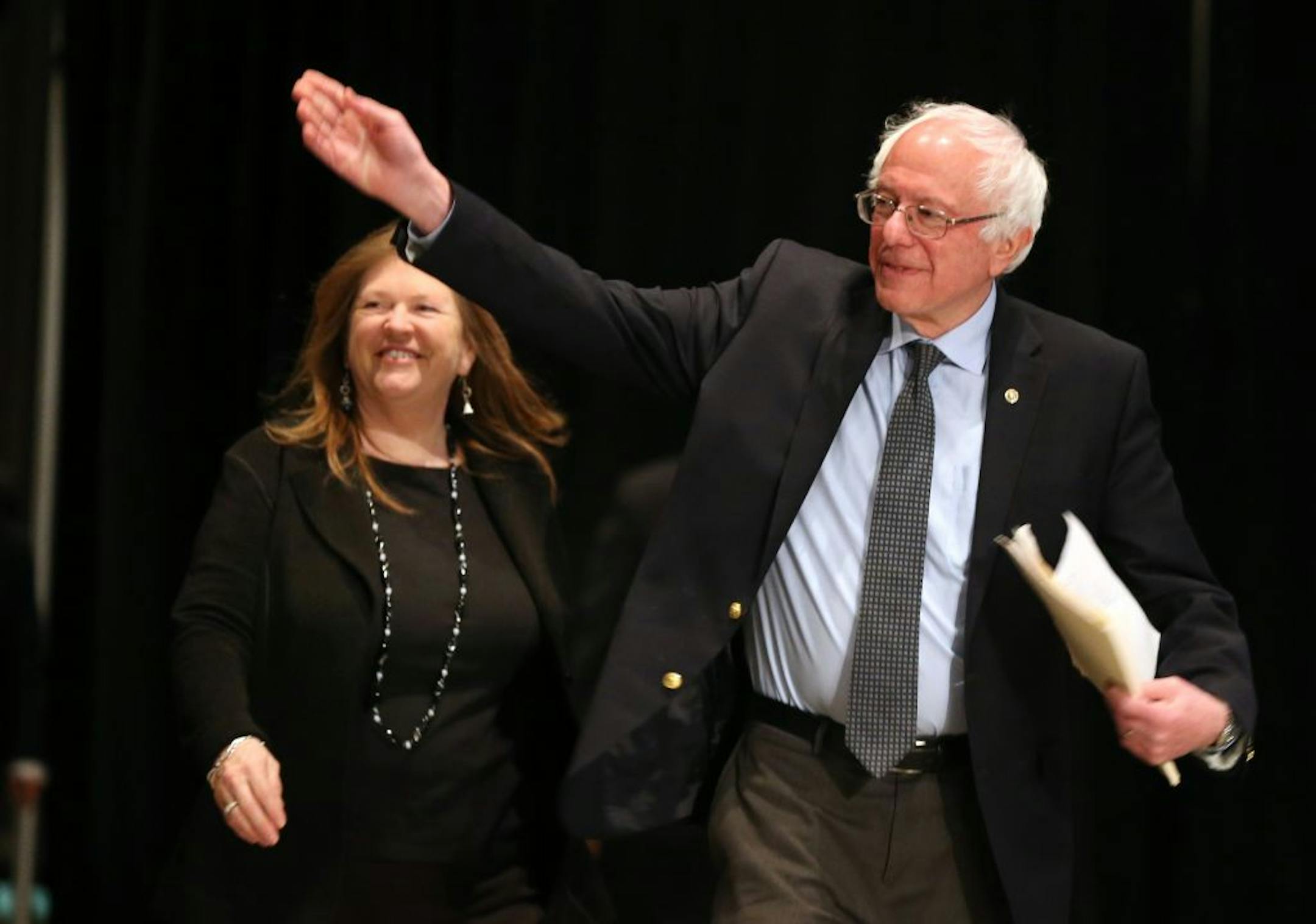 Democratic presidential candidate Bernie Sanders arrived with his wife Jane O�Meara Sanders during a rally Monday Feb 29, 2016 at the Minneapolis Convention Center Minneapolis MN.