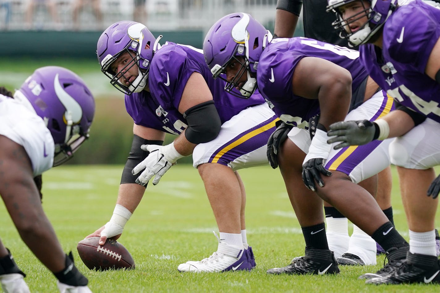 Vikings center Garrett Bradbury (56) looked to snap the ball during training camp Wednesday. ] ANTHONY SOUFFLE • anthony.souffle@startribune.com