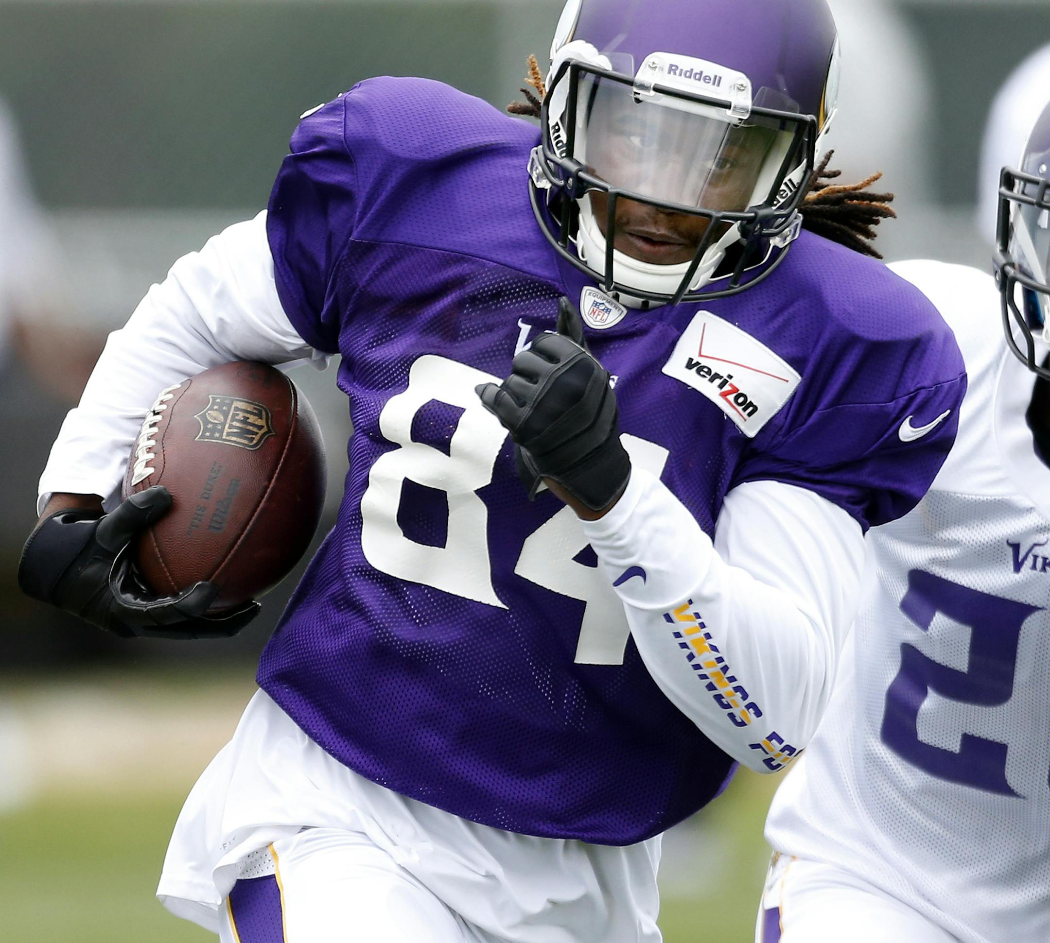 Minnesota Vikings rookie cornerback Xavier Rhodes (29) chased rookie receiver Cordarrelle Paterson (84) during the afternoon practice on Tuesday. ] CARLOS GONZALEZ cgonzalez@startribune.com July 30, 2013, Minnesota Vikings Training Camp, Mankato, Minn., Minnesota State University, Mankato - afternoon practice