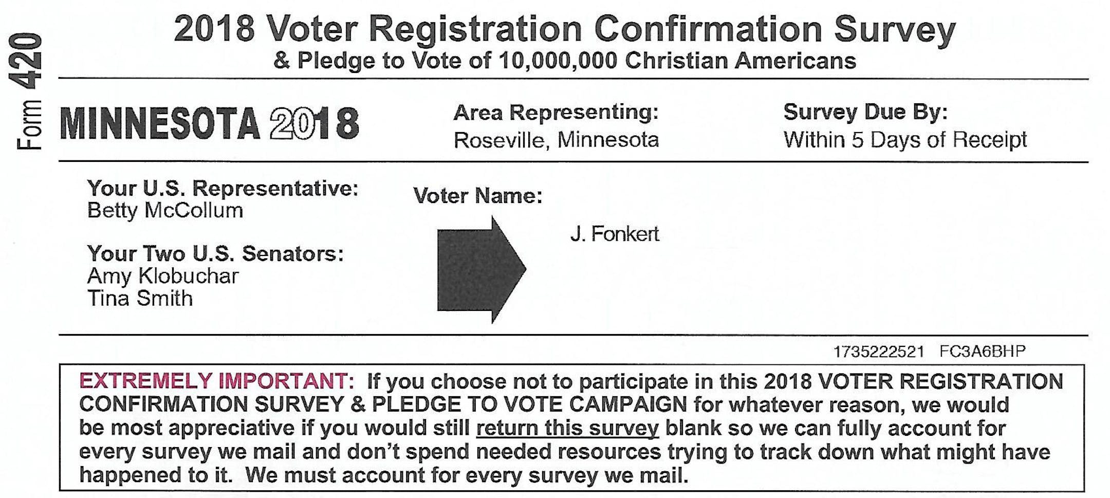 An official looking 10"x12" envelope titled "2018 Voter Registration Confirmation Survey."