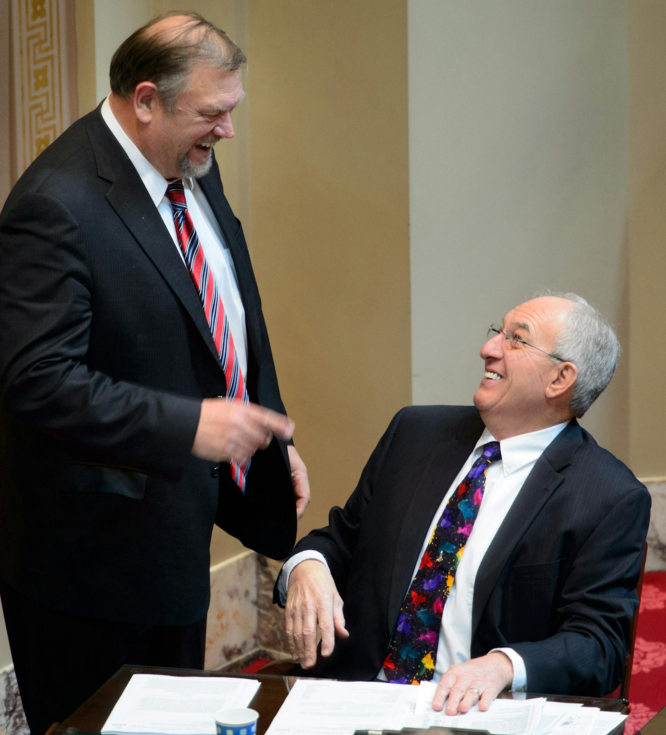Senate Majority Leader Tom Bakk congratulated bonding bill author Sen. LeRoy Stumpf after the bill passed the Senate. ] Friday, May 16, 2014 GLEN STUBBE * gstubbe@startribune.com ORG XMIT: MIN1405161327110115