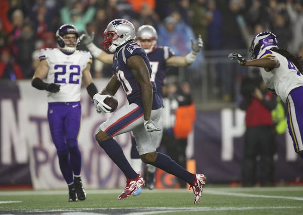 Patriots wide receiver Josh Gordon entered the end zone after a 24 yard touchdown reception of a Tom Brady pass in the third quarter. It was Brady's 5
