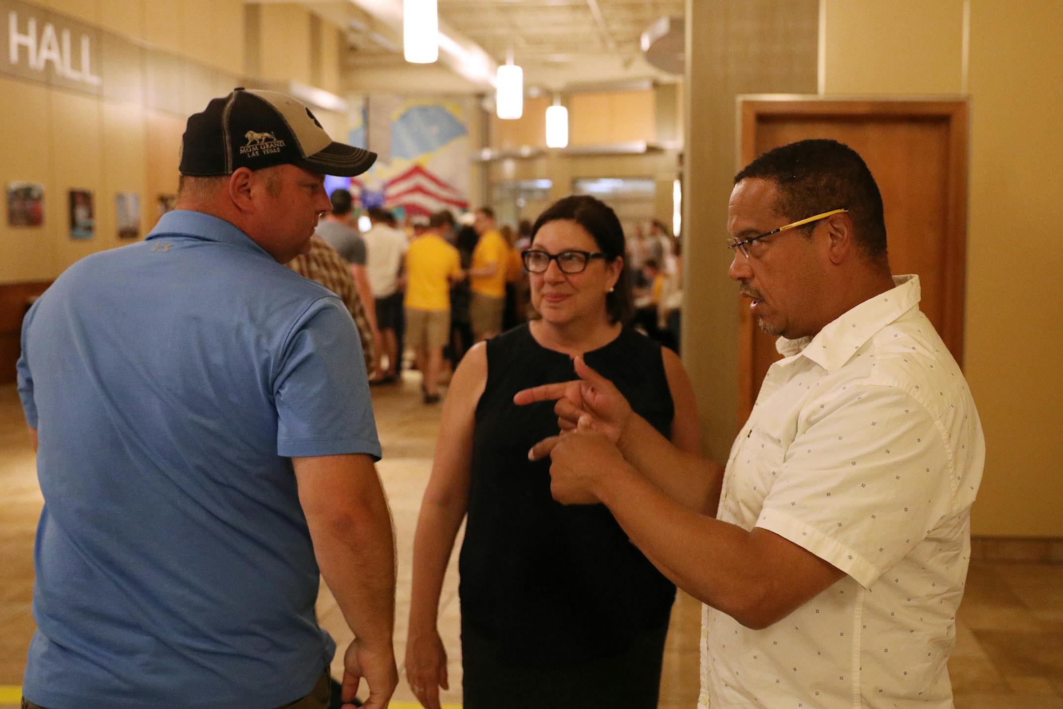 Minnesota attorney general candidate Keith Ellison greeted supporters as he stopped by DFL candidate for governor Tim Walz's primary night party at the Carpenters Union Hall. ] ANTHONY SOUFFLE ï anthony.souffle@startribune.com DFL candidate for governor Tim Walz held his primary night party Tuesday, Aug. 14, 2018 at the Carpenters Union Hall in St. Paul, Minn.