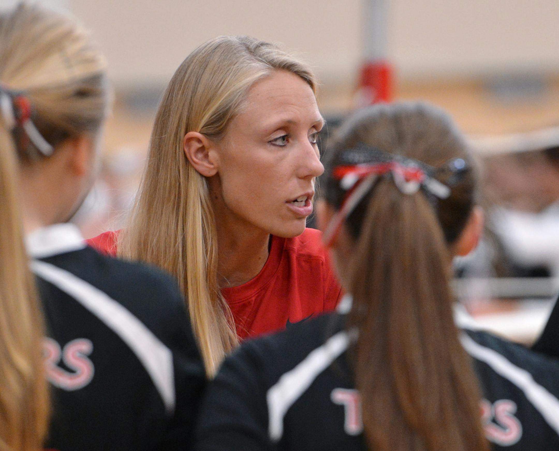 Belle Plaine head coach Cassie Koch directs her team after the first game of the match against New Prague Tuesday, October 1 at Belle Plain High School. ] (SPECIAL TO THE STAR TRIBUNE/BRE McGEE) **Cassie Koch (head coach)