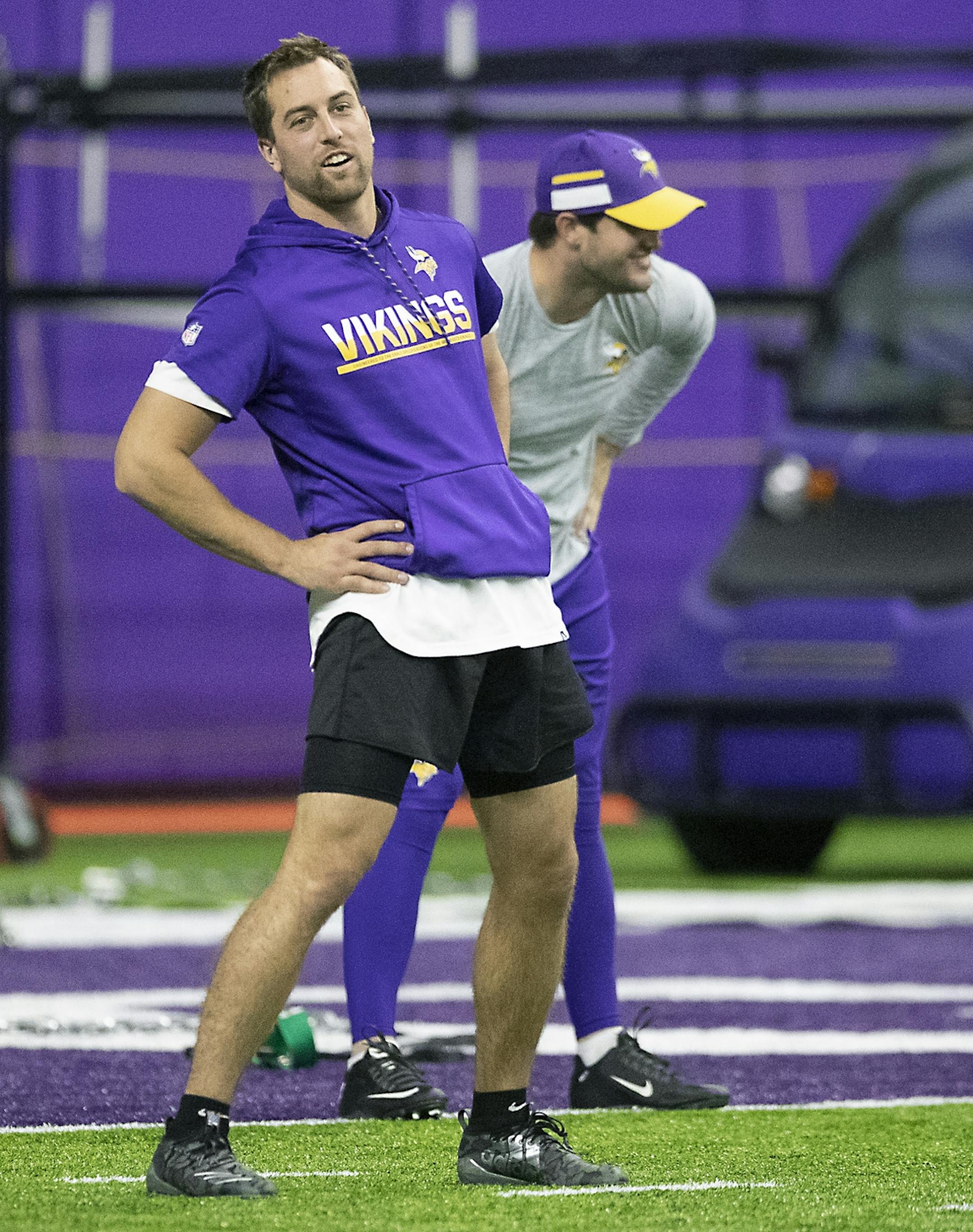 Vikings wide receiver Adam Thielen stretched before practice at the Twin Cities Orthopedic Center, Tuesday, April 16, 2019 in Eagan, MN.