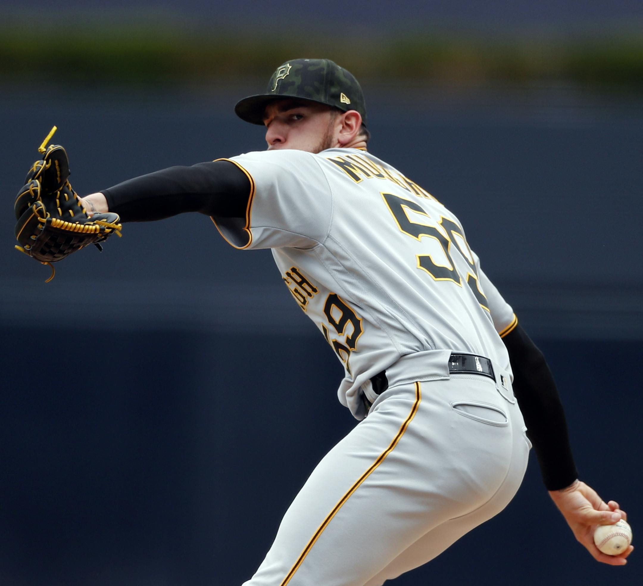 Pittsburgh Pirates starting pitcher Joe Musgrove works against a San Diego Padres batter during the first inning of a baseball game Sunday, May 19, 2019, in San Diego. (AP Photo/Gregory Bull)