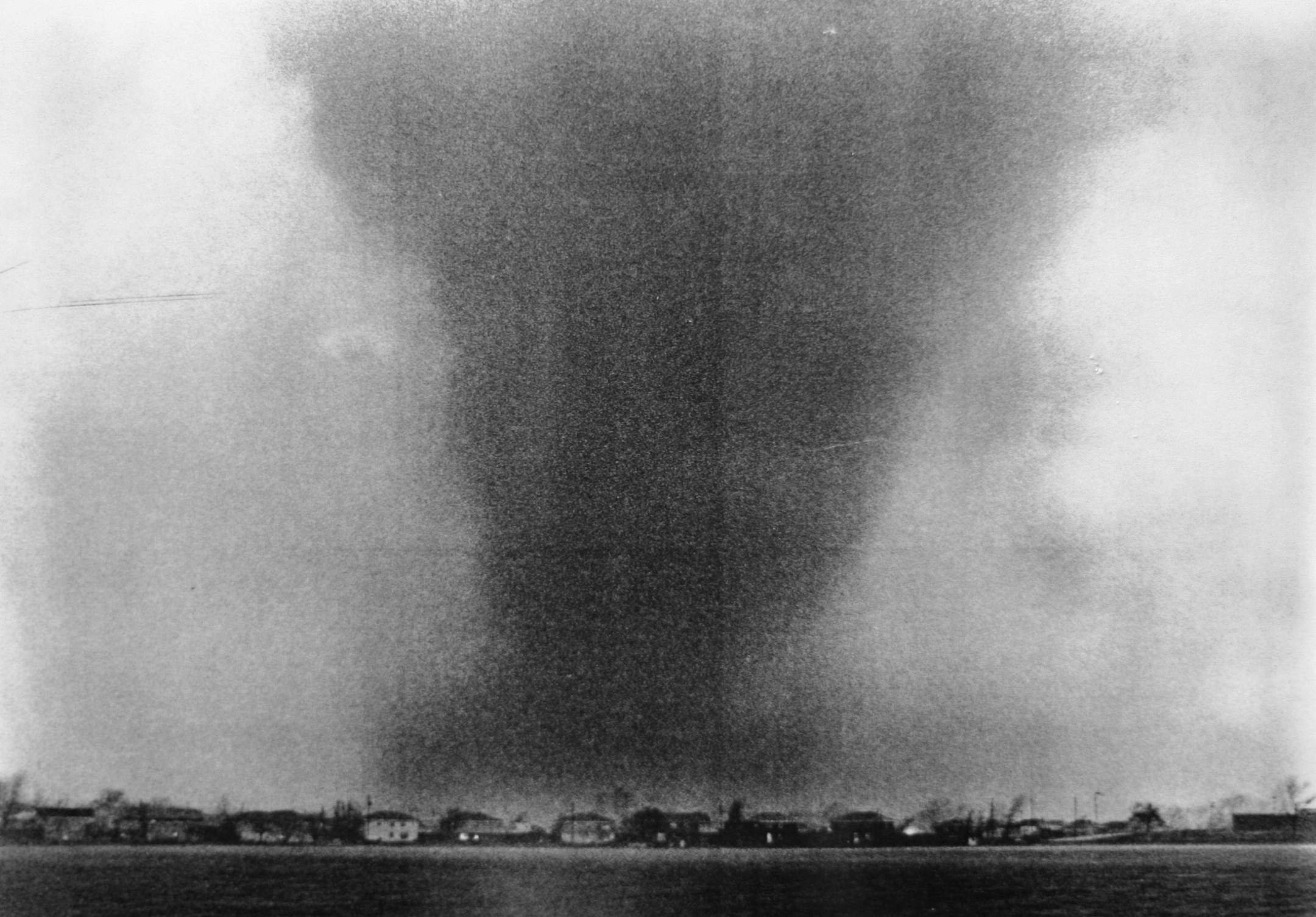 John Croft/Star Tribune file photo: A F4 tornado moves over Moore Lake heading straight for the Fridley Junior High School, Fridley, Minn., May 6, 1965. GENERAL INFORMATION: 3 fridley hs students from Mr. Jeff Bullard's Earth & Space class have come to gether to make a video documentary commemorating the 40th anniversary of the 1965 tornadoes in Fridley.
