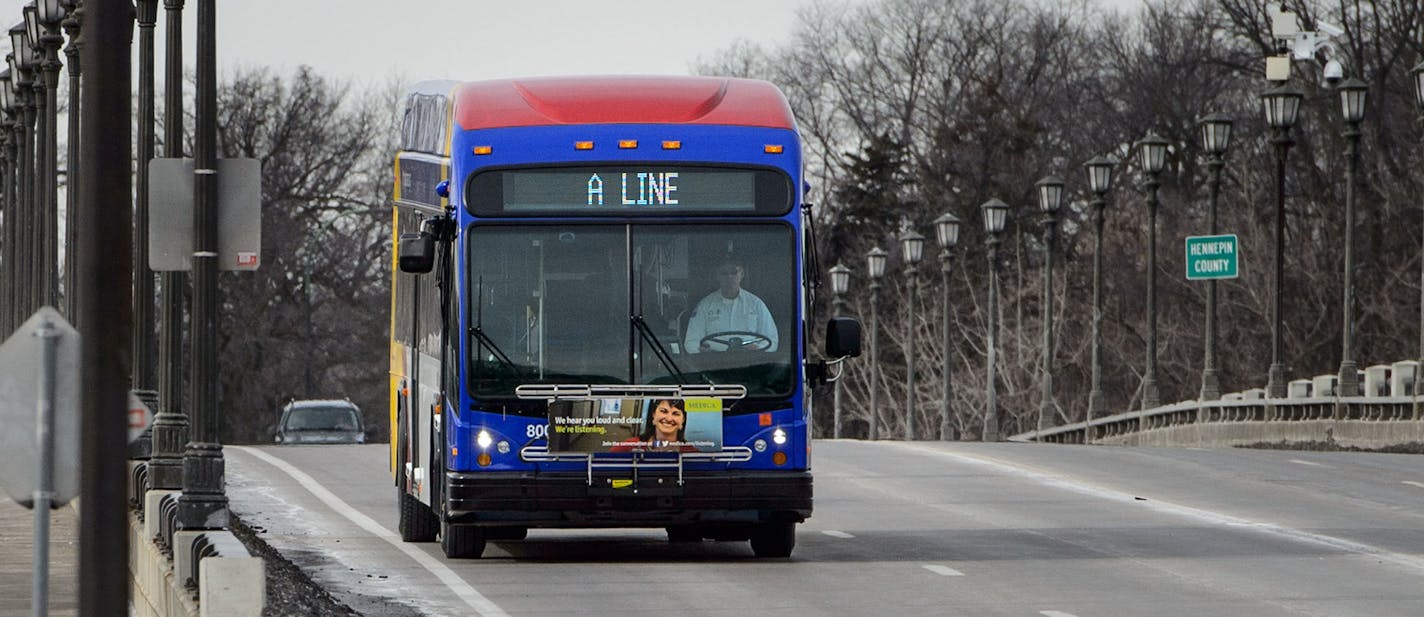 A new A Line bus on Ford Parkway. ] GLEN STUBBE * gstubbe@startribune.com Wednesday, February 10, 2016 We get a tour of the new Arterial Bus-Rapid Transit system on Snelling Ave., which will connect the 46th Blue Line light-rail station to Rosedale later this spring.Though a dozen BRT lines are planned for the Twin Cities, only one has opened so far -- the Red Line, which connects the Mall of America to Apple Valley (and with mixed results). Purists say the Snelling Ave. line is not a true BRT b