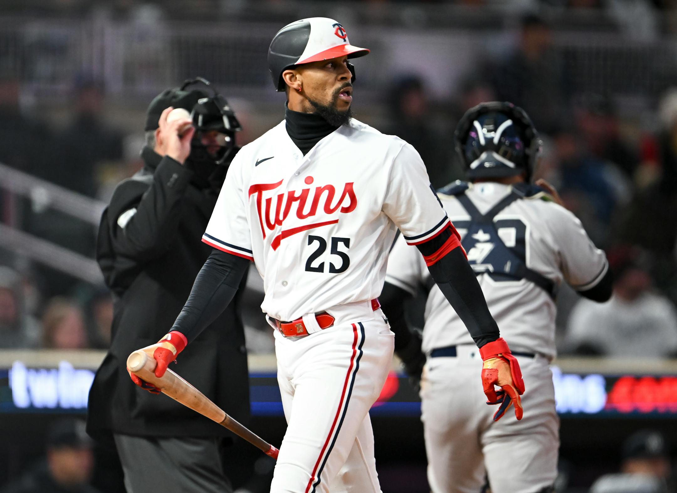 Minnesota Twins designated hitter Byron Buxton reacts after being struck out swinging in the bottom of the 6th inning against the New York Yankees.