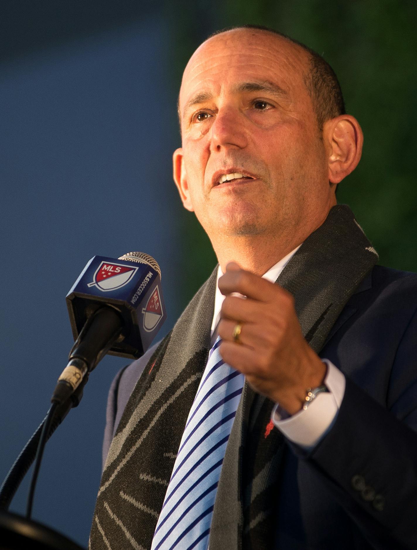 Major League Soccer Commissioner Don Garber addressed soccer fans during Friday evening's announcement of Minnesota United FC's move to the MLS. ] (AARON LAVINSKY/STAR TRIBUNE) aaron.lavinsky@startribune.com Major League Soccer Commissioner Don Garber, Minnesota United majority owner Dr. William McGuire, Minnesota Governor Mark Dayton and St. Paul Mayor Chris Coleman took part in an event announcing Minnesota United FC's move to the MLS Friday, August 19, 2016 at CHS Field in St. Paul, Minn.