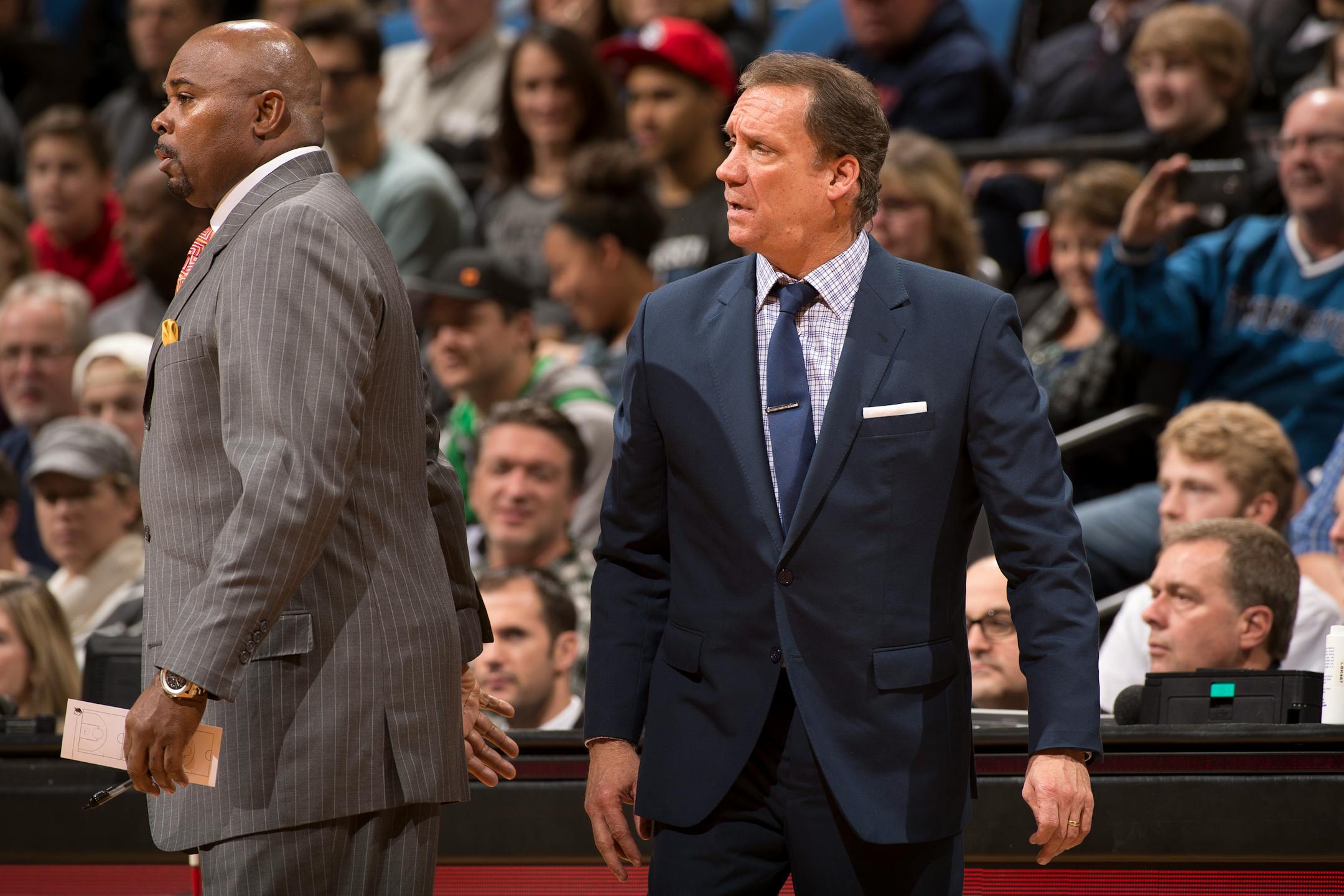 Minnesota Timberwolves head coach Flip Saunders, right, reacts after being called for a technical foul during the first half against the Sacramento Kings.