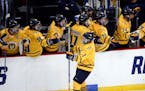 Quinnipiac's Sam Anas (7) celebrates his goal against UMass Lowell during the second period of the NCAA men's East Regional championship hockey game o