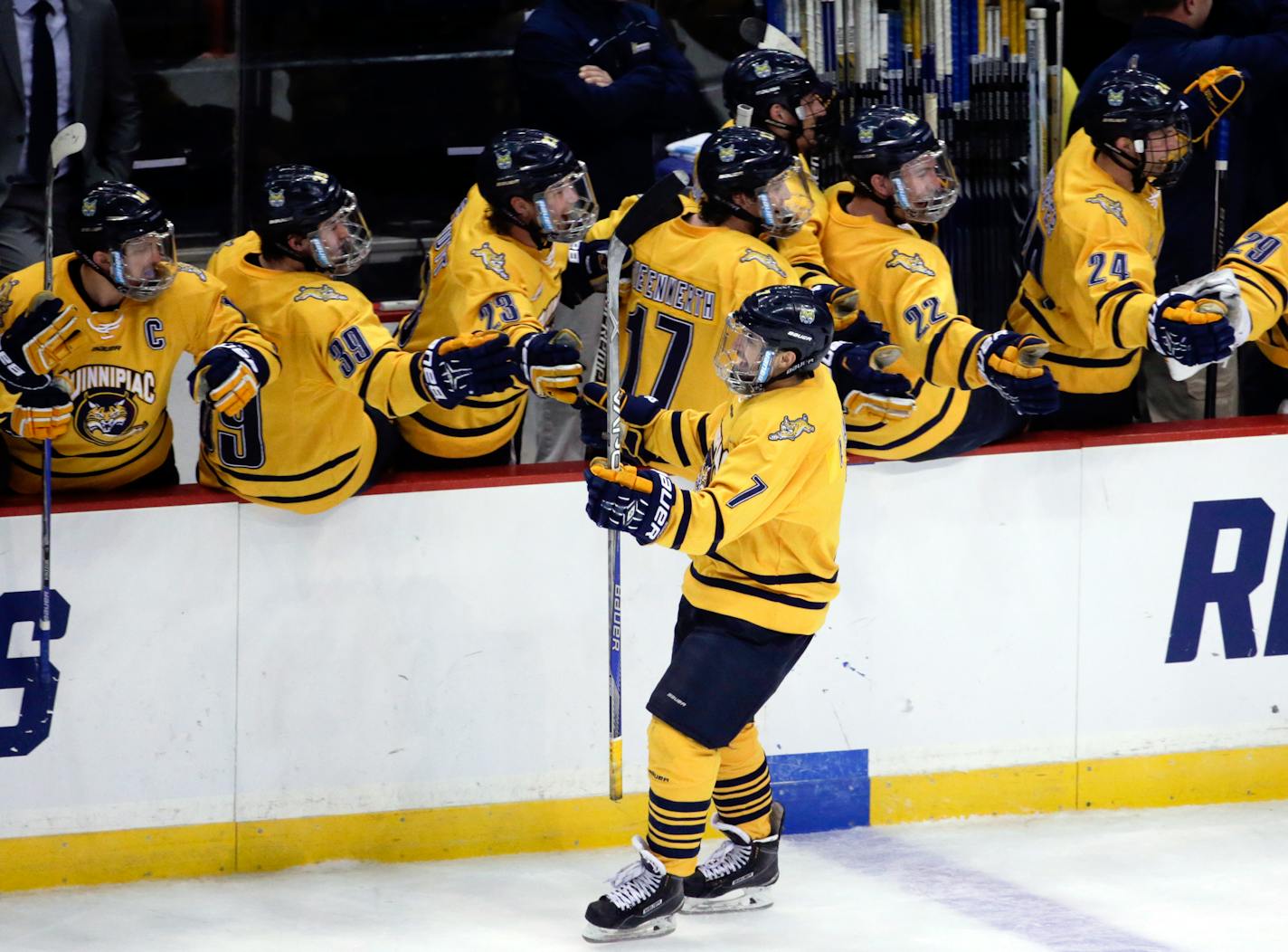 Quinnipiac's Sam Anas (7) celebrates his goal against UMass Lowell during the second period of the NCAA men's East Regional championship hockey game on Sunday, March 27, 2016, in Albany, N.Y. (AP Photo/Mike Groll)