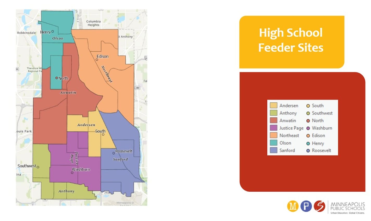 A draft of the high school boundaries, listed with the middle schools feeding them, from a Minneapolis Public Schools presentation earlier in the month.