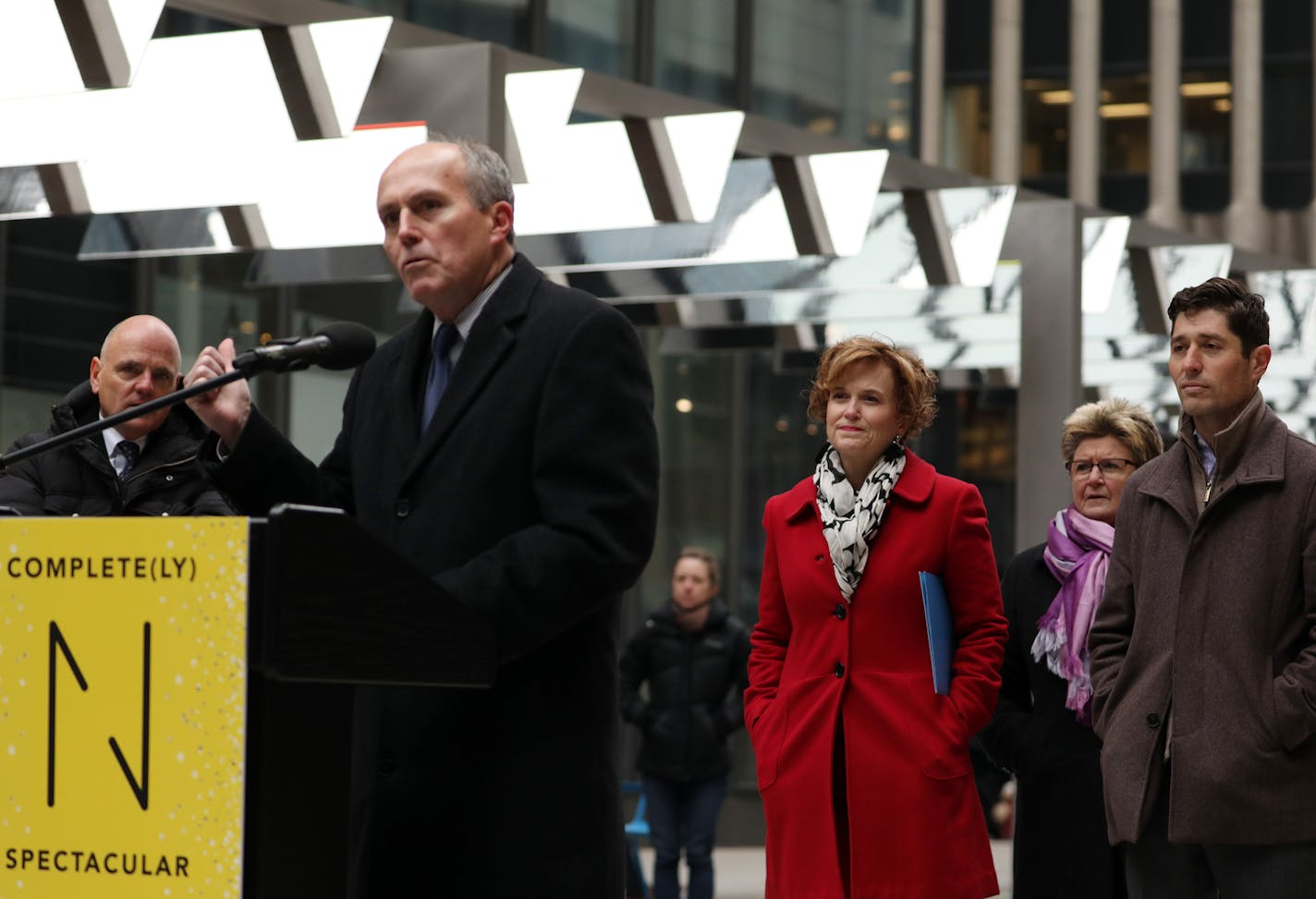 Steve Cramer, President and CEO of the Minneapolis Downtown Council, thanked Mayor Mayor Betsy Hodges as she stood next to Barbara Johnson and Mayor-elect Jacob Frey during a dedication ceremony to mark the opening of the newly renovated Nicollet Mall Thursday. ] ANTHONY SOUFFLE • anthony.souffle@startribune.com Mayor Betsy Hodges, Steve Cramer and others spoke during a ceremony to mark the reopening of Nicollet Mall Thursday, Nov. 16, 2017 in downtown Minneapolis.