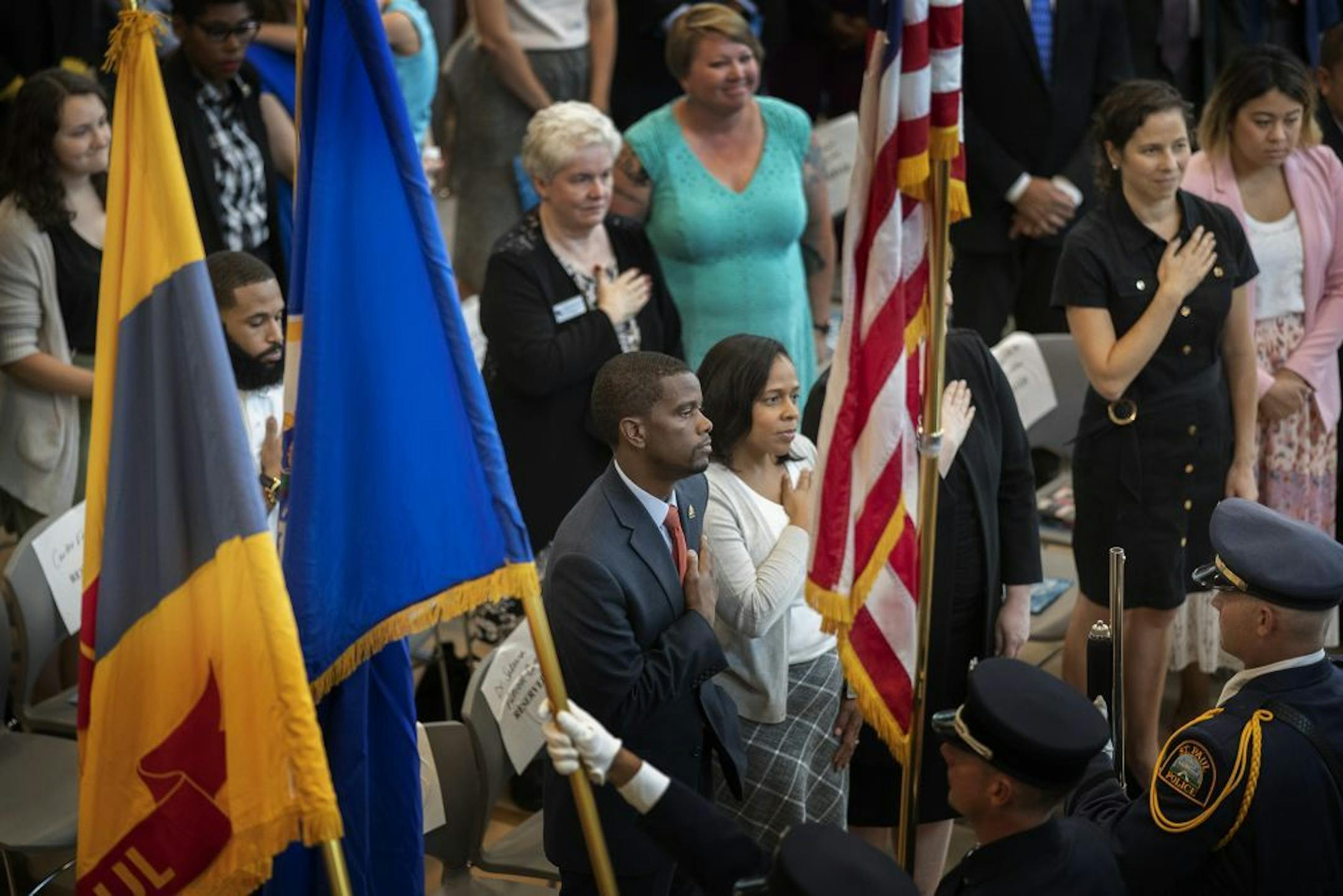St. Paul Mayor Melvin Carter and his wife Sakeena stood during the playing of the national anthem at his 2020 budget address at Frogtown Community Center Thursday August 15, 2019 in St. Paul, MN.