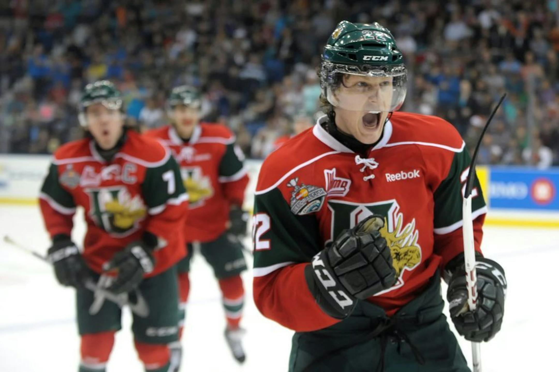 Halifax Mooseheads centre Nathan MacKinnon celebrates a goal against the Portland Winterhawks during the third period of Memorial Cup final action in Saskatoon, on Sunday, May 26, 2013. The Mooseheads defeated the Winterhawks 6-2.