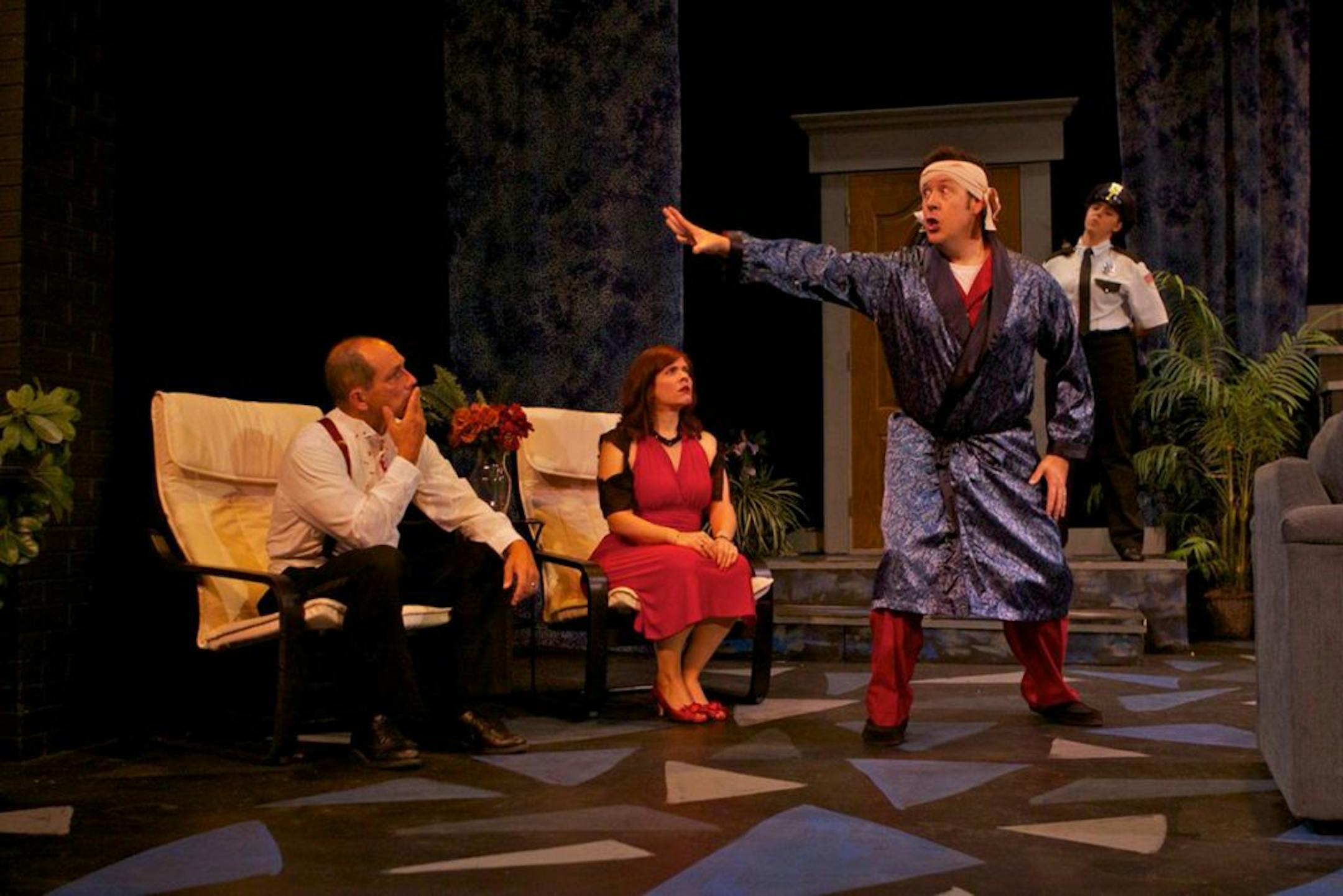 Paul Somers' character Lenny unspools a shaggy dog story as Glenn (Peter Simmons) and Cassie (Katie Starks) listen in "Rumors."
