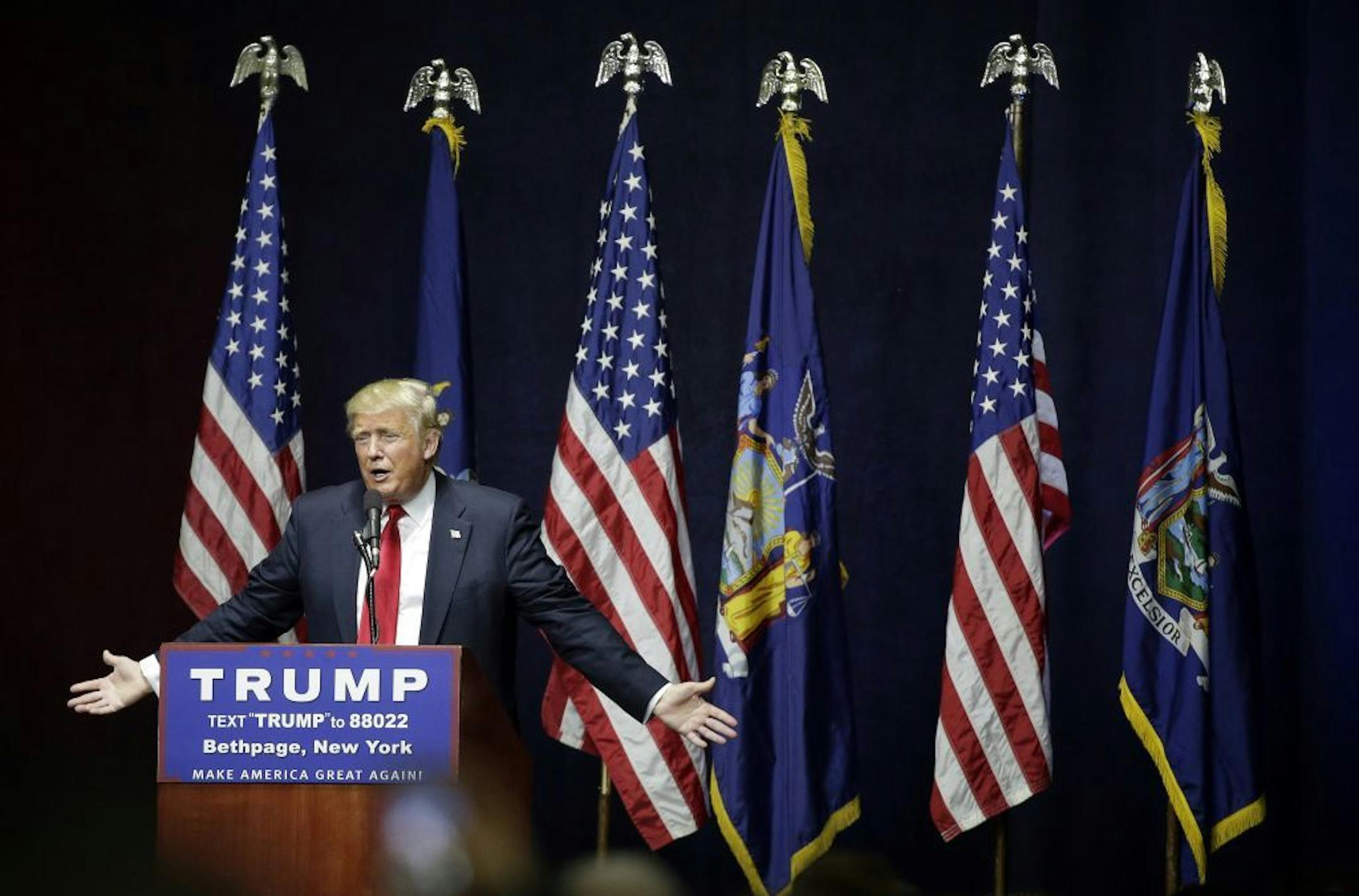 Republican presidential candidate Donald Trump speaks during a campaign rally, Wednesday, April 6, 2016, in Bethpage, N.Y.