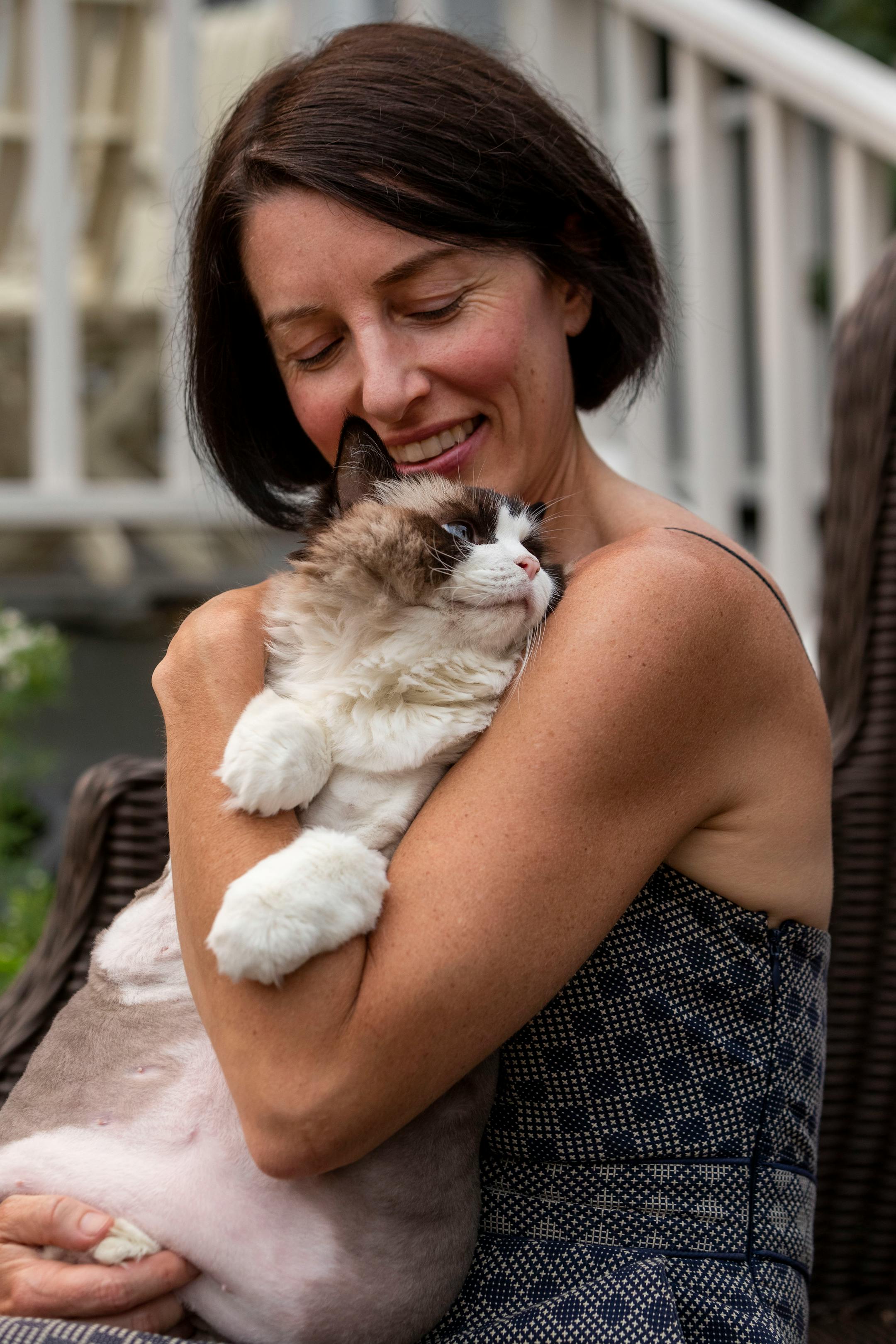 Paula Chesley holds her cat Billie Jean, a ragdoll former breeding cat she adopted in 2010, on Thursday, July 29, 2021, in Minneapolis. Billie Jean will be one of the cats officially participating in the 5th annual Cat Tour. It's her second year participating. ] ANTRANIK TAVITIAN • anto.tavitian@startribune.com