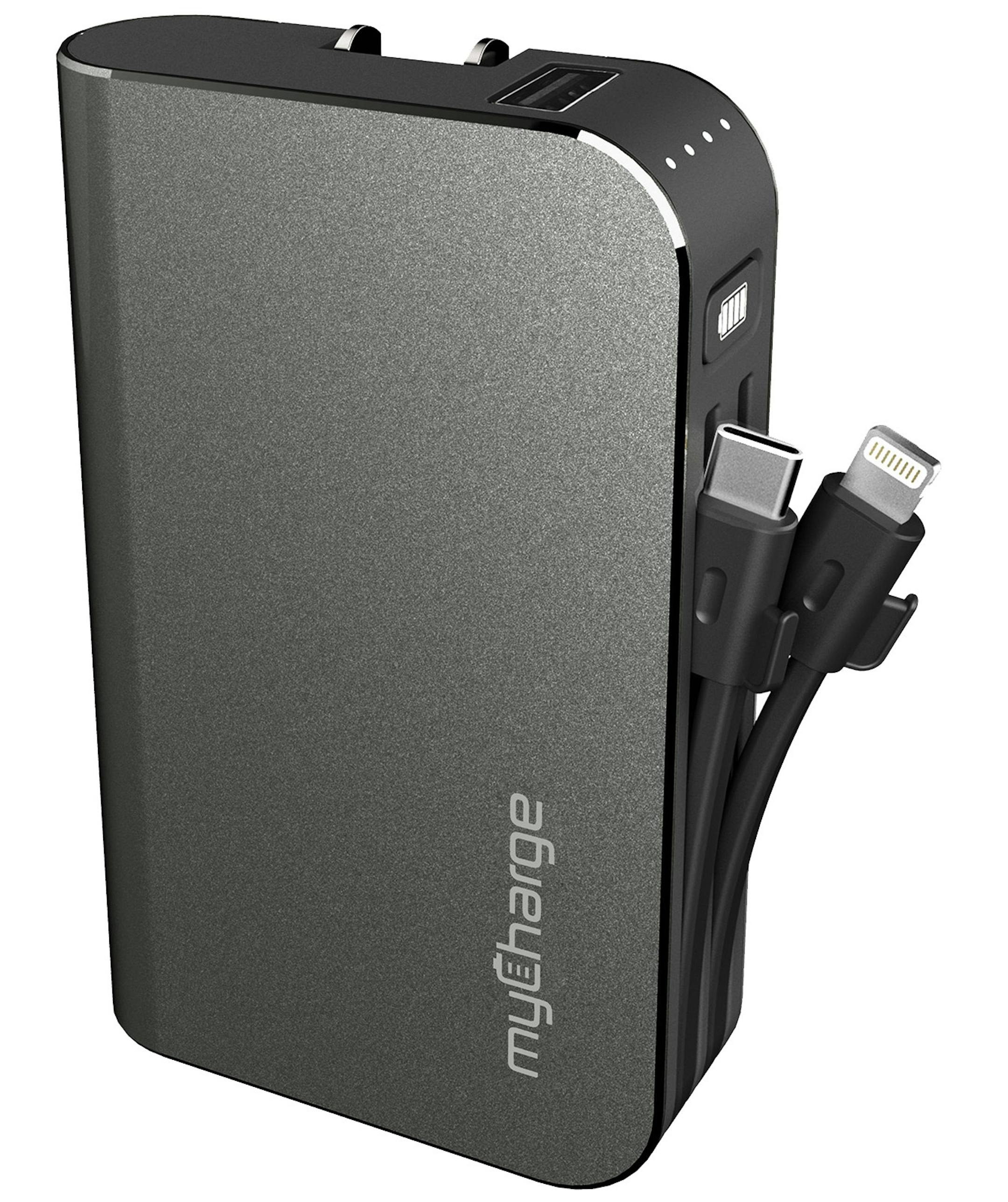 Apple Lightning and USB-C cables are built into the side of the myCharge Hub Turbo.