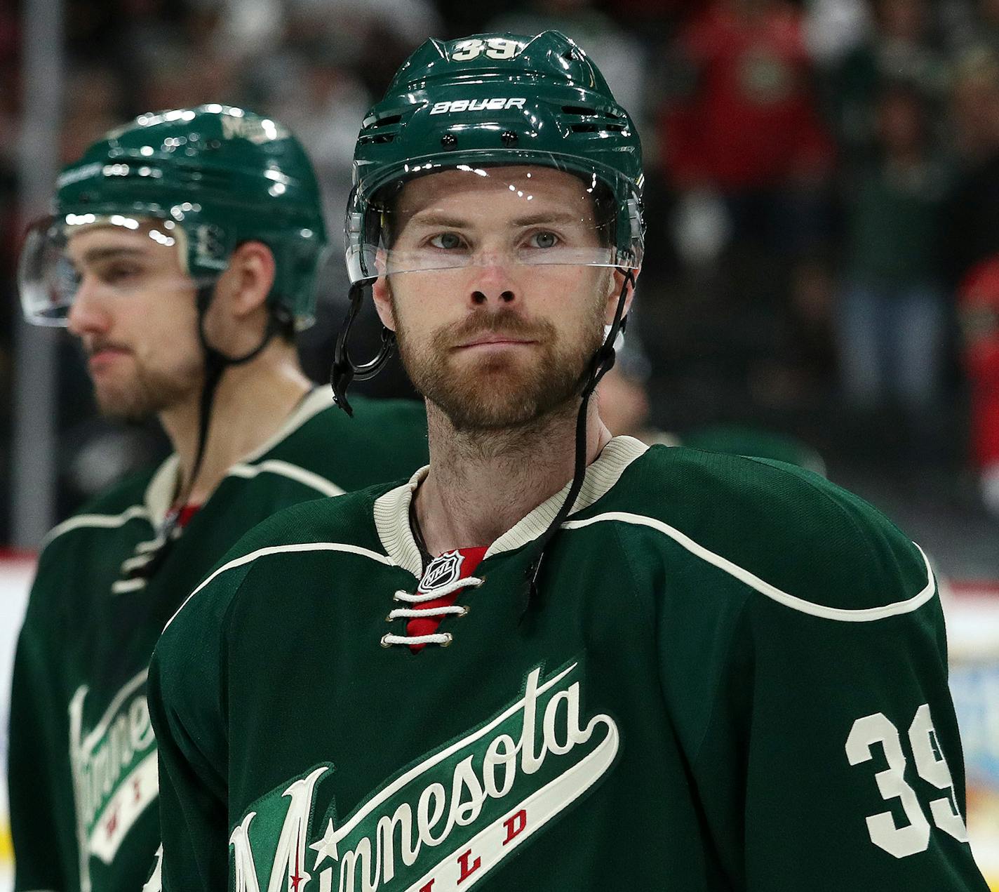 Minnesota Wild defenseman Nate Prosser (39) skated off the ice with his team after their loss to the St. Louis Blues in overtime. ] ANTHONY SOUFFLE &#xef; anthony.souffle@startribune.com Game action from a National Hockey League (NHL) playoff game 5 between the Minnesota Wild and the St. Louis Blues Saturday, April 22, 2017 at the Xcel Energy Center in St. Paul, Minn.