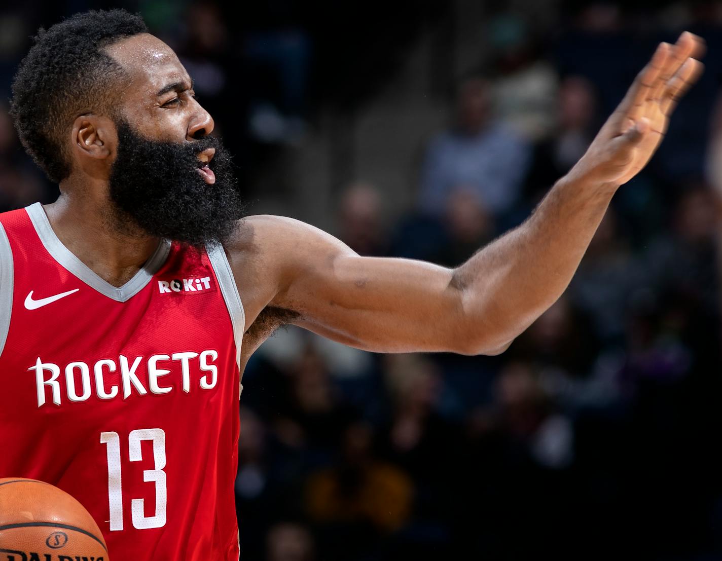 James Harden called out to a teammate in the third quarter. ] CARLOS GONZALEZ � cgonzalez@startribune.com � December 3, 2018, Minneapolis, MN, Target Center, NBA, Basketball, Minnesota Timberwolves vs. Houston Rockets