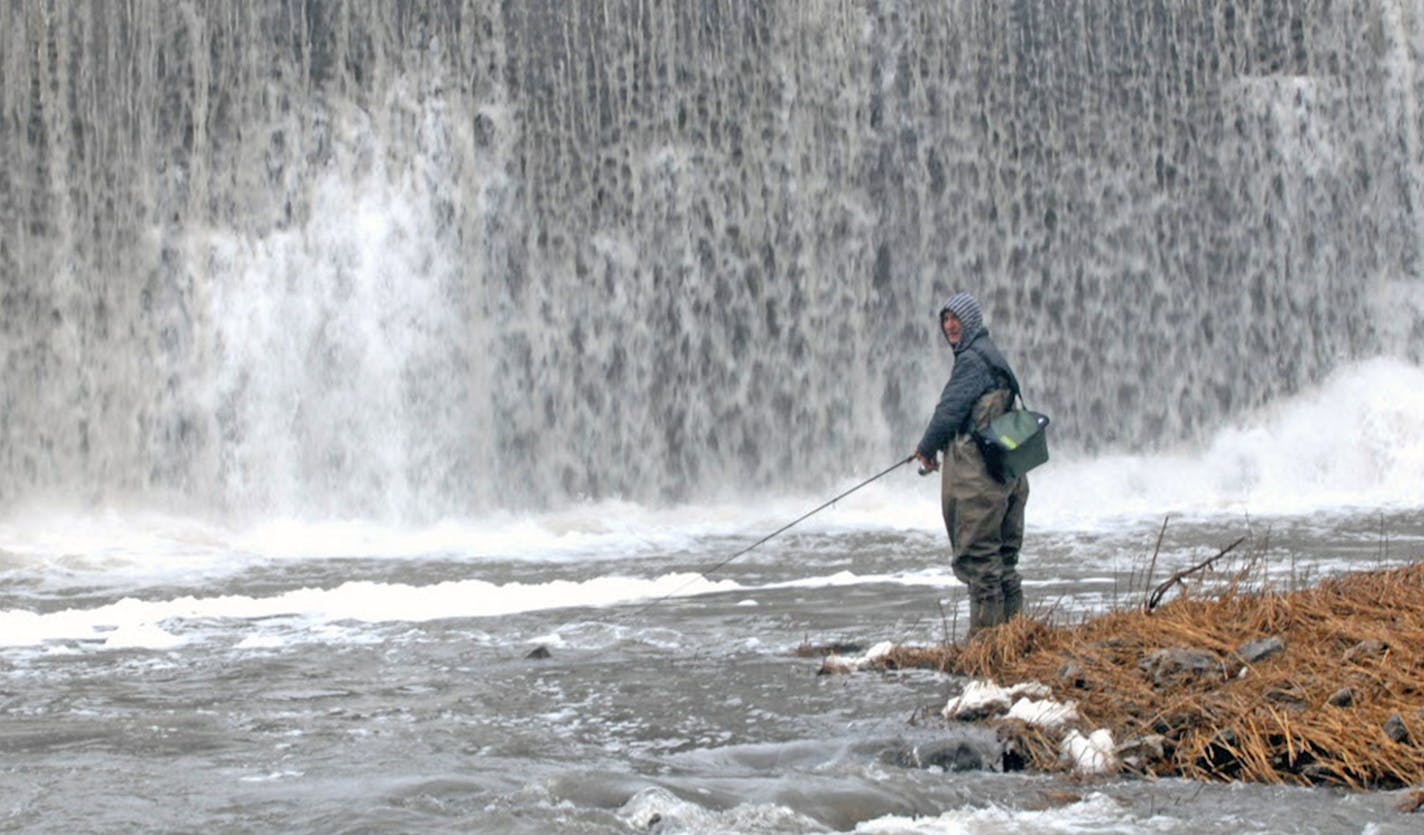 Trout raised at the DNR's Lanesboro hatchery are stock in streams and lakes in the north as well as the southeast. Fishing is also popular in and near Lanesboro. Here an angler cast for trout beneath the dam near the center of that town. ORG XMIT: MIN1304131058122106