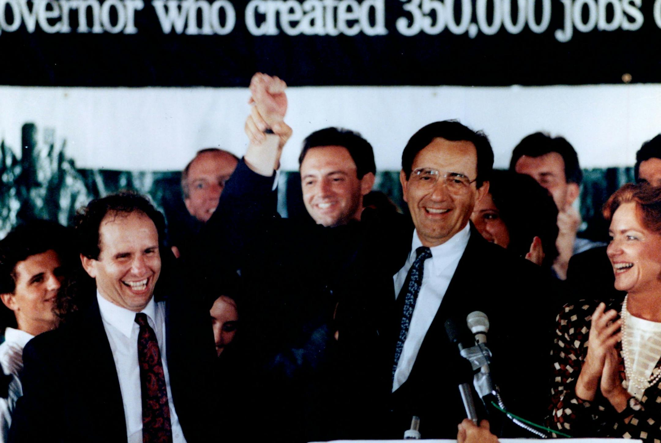 September 13, 1990: Gov. Rudy Perpich celebrated his win in the DFL Gubernatorial Primary with his son, Rudy Jr., Center, and Senate nominee Paul Wellstone, left, early Wednesday.
