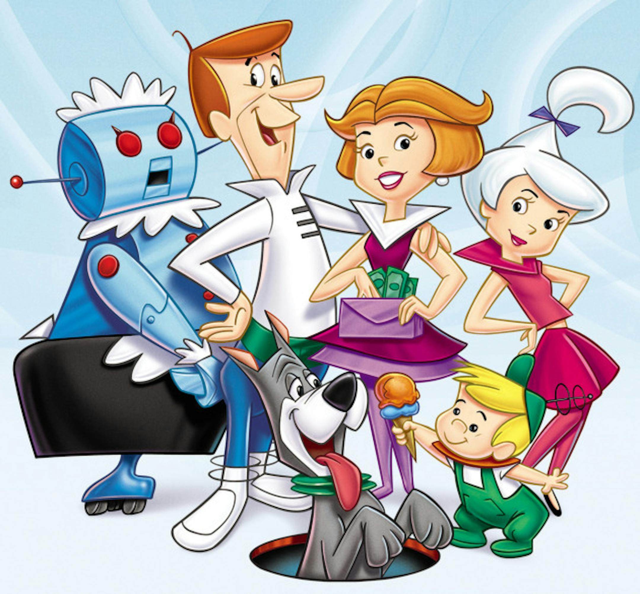 The Jetsons, from left, are Rosie the maid, father George, dog Astro, mother Jane, son Elroy and daughter Judy.