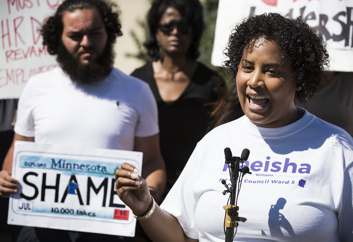 Raeisha Williams, the communications director of the Minneapolis NAACP and candidate for Minneapolis City Council Ward 5 speaks during a press conference across the street from the Minneapolis Park and Recreation Board. Williams was arrested at the MPRB meeting last night. ] (Leila Navidi/Star Tribune) leila.navidi@startribune.com BACKGROUND INFORMATION: The Minneapolis NAACP leaders hold a press conference across the street from the Minneapolis Park and Recreation Board offices in Minneapolis o