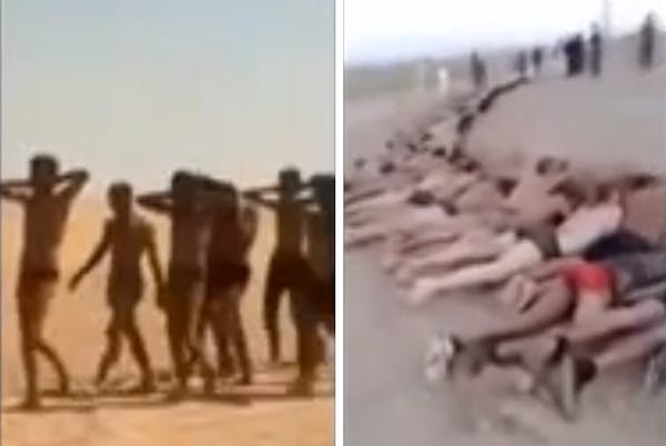 This undated photo combo taken from a video by the Islamic State group, a Syrian opposition group, which has been verified and is consistent with othe