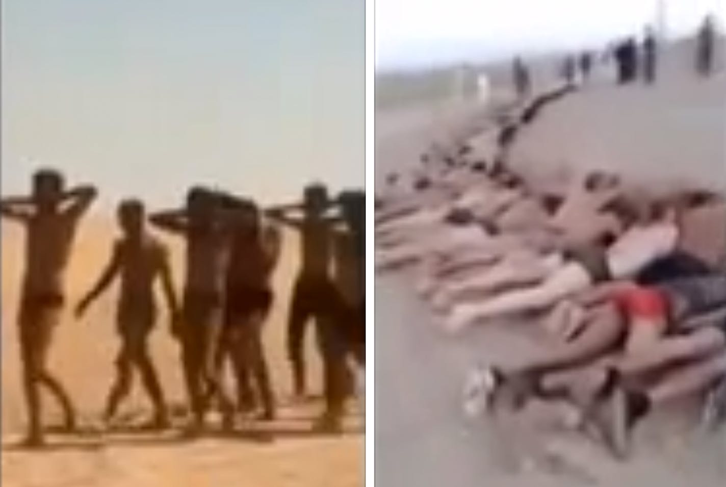 This undated photo combo taken from a video by the Islamic State group, a Syrian opposition group, which has been verified and is consistent with other AP reporting, shows still images of government soldiers captured near Tabqa, Syria according to a statement posted online and circulated on Twitter by supporters of Islamic State group. The photo to the left shows what the extremist group said were the soldiers stripped down to their underwear marching in the desert. The photo to the right shows