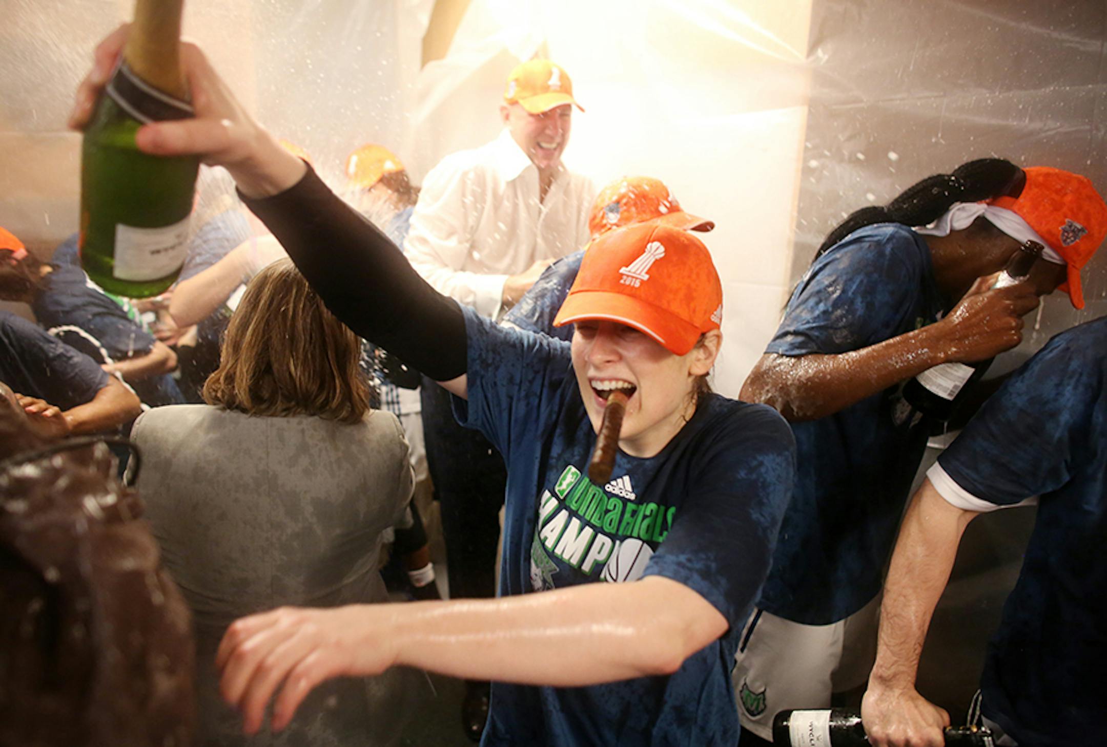 Minnesota Lynx guard Lindsay Whalen (13) celebrates winning the WNBA title.