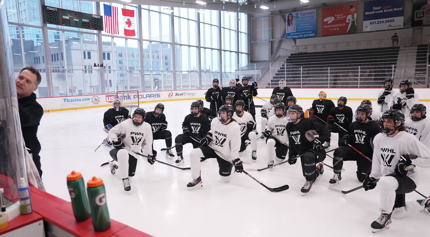 Newly named PWHL Minnesota head coach Ken Klee goes over a drill with his players during practice Thursday, Dec. 28, 2023 at the TRIA Rink in St. Paul, Min. ] ANTHONY SOUFFLE • anthony.souffle@startribune.com