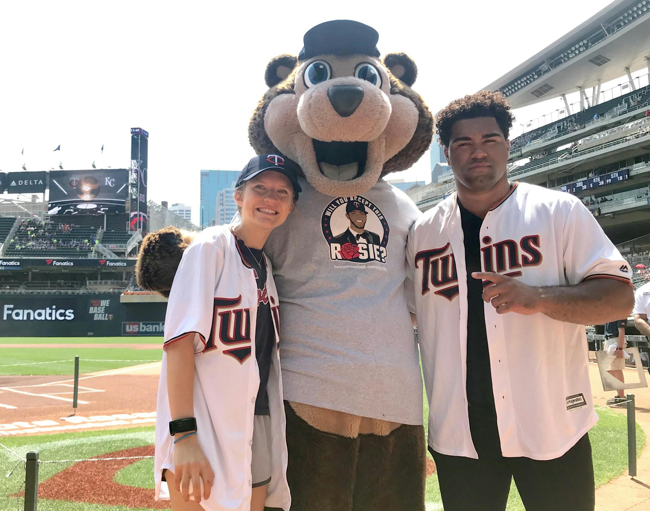The Star Tribune All-Metro Male and Female Athletes of the Year ó Emily Covert of Minneapolis Washburn (cross-country, track) and Gable Steveson of Apple Valley (wrestling) ó threw out the ceremonial first pitch at Target Field before Wednesday afternoonís Twins-Royals game. Covert and Steveson accepted their honors on June 26 during the first-ever All-Metro Sports Awards, held at Target Field. July 11, 2018. Star Tribune photo by Chris Carr.