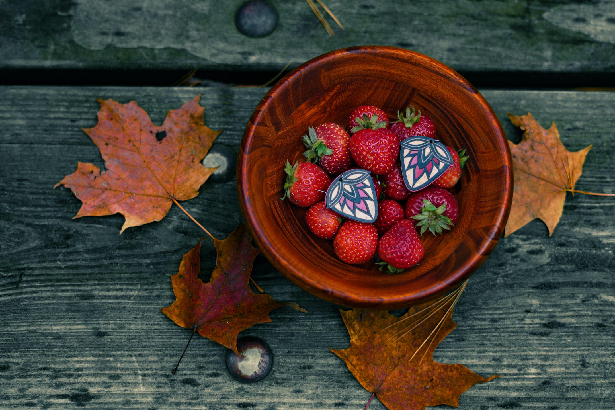 Strawberry-themed earrings designed by Heart Berry CEO Sarah Agaton Howes of northern Minnesota (Anishinaabe-Ojibwe). Website: heartberry.com.