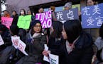 Supporters of Liu Jingyao, a student at the University of Minnesota, who accused Chinese billionaire Richard Liu of rape, gathered in front of the Hen
