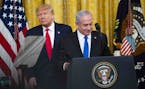 President Donald Trump and Prime Minister Benjamin Netanyahu of Israel during a ceremony at the White House in Washington, Jan. 28, 2020. The landscap