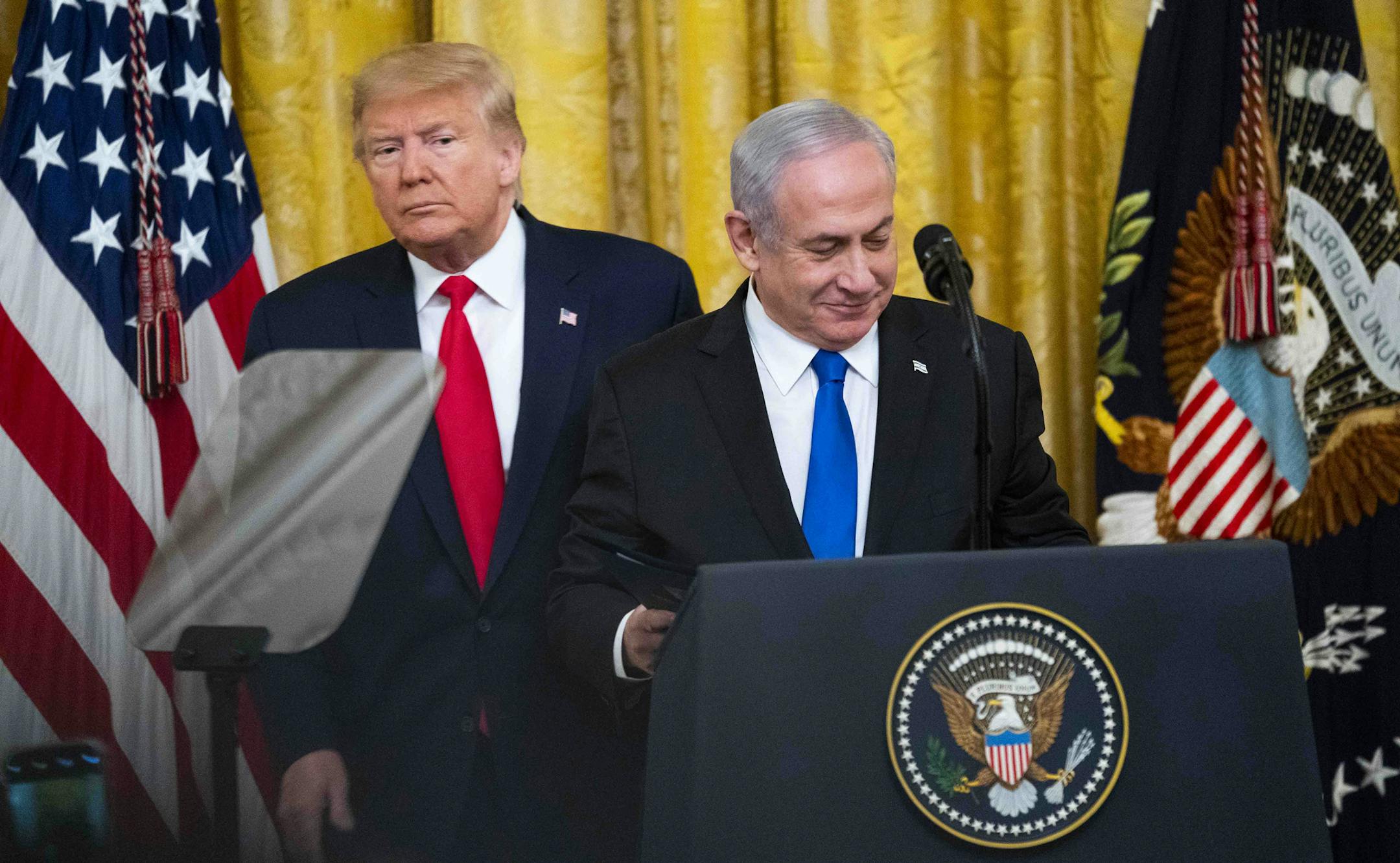 President Donald Trump and Prime Minister Benjamin Netanyahu of Israel during a ceremony at the White House in Washington, Jan. 28, 2020. The landscape has shifted so much that a proposal that would have been a nonstarter a decade ago landed with little serious opposition. (Doug Mills/The New York Times)