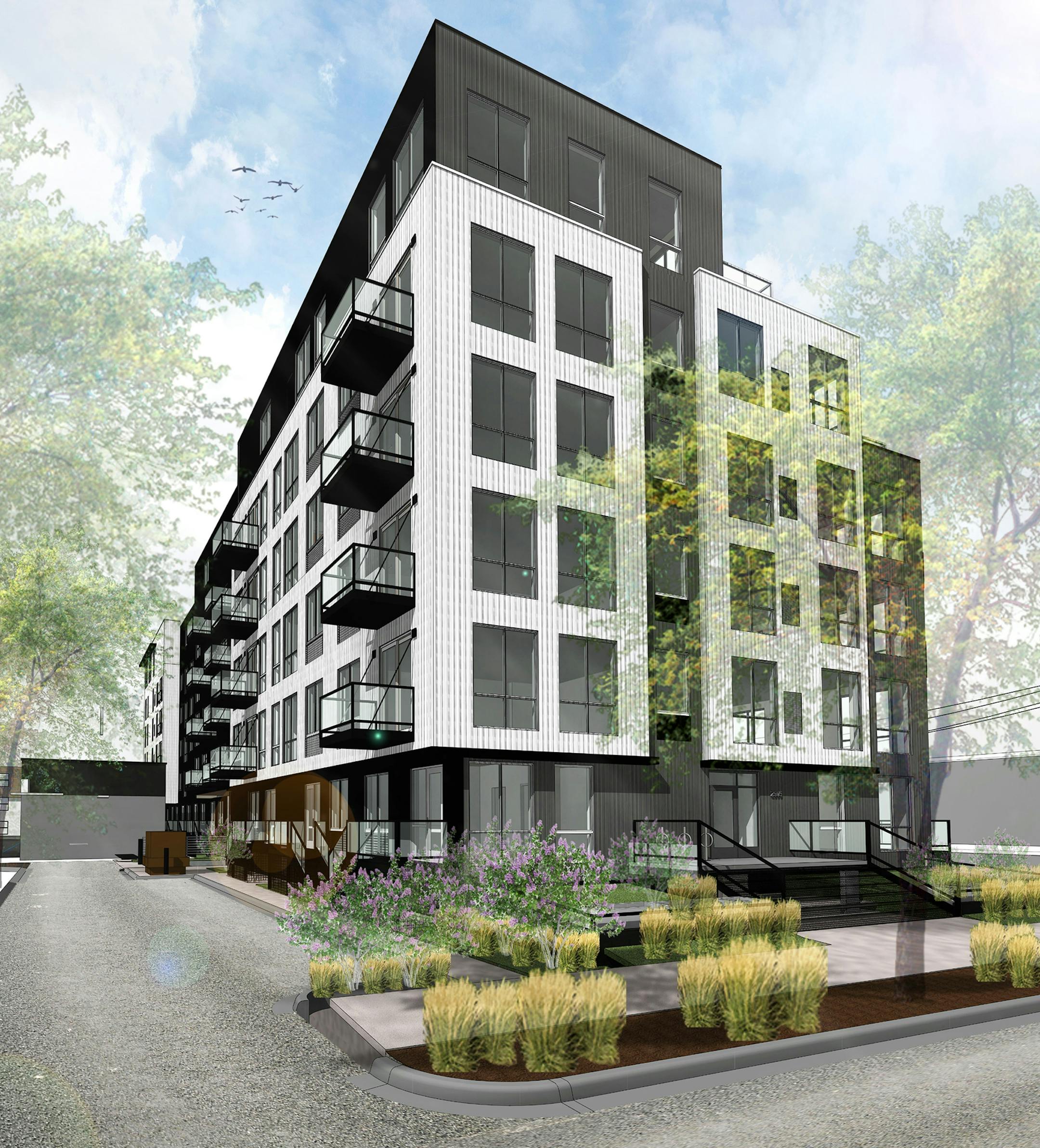 Rendering of proposed 2905 Harriet Ave. apartments. Solhem Companies
