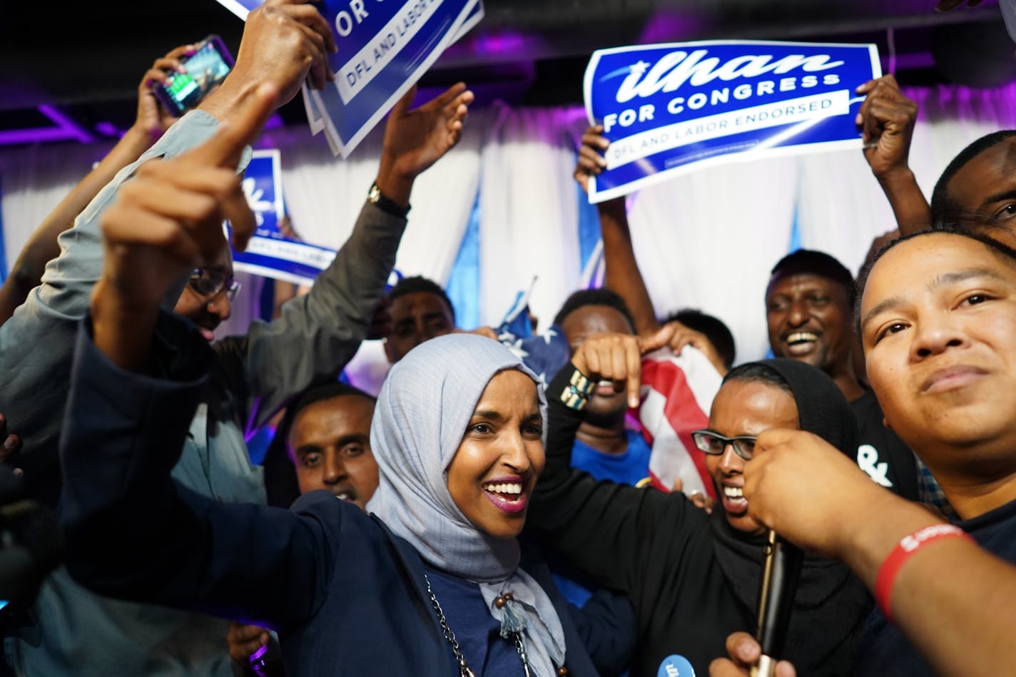 Rep. Ilhan Omar celebrated with supporters after her primary victory.