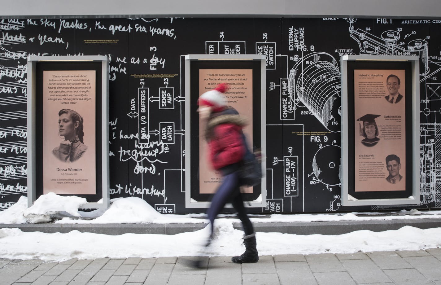 A student walks past a plaque with musician Dessa Wander's picture and story (left) on Scholars Walk at the University of Minnesota campus on Monday, February 12, 2018, in Minneapolis, Minn. This plaque used to be the Garrison Keillor plaque which was recently removed. ] RENEE JONES SCHNEIDER &#xa5; renee.jones@startribune.com