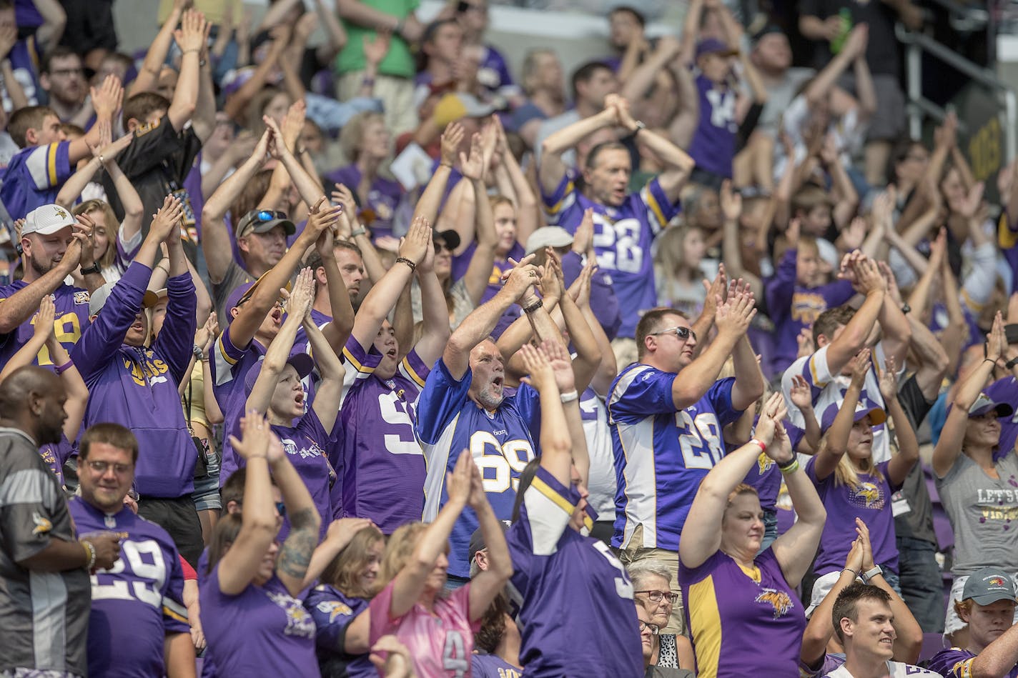 Vikings' fans cheered after the first touchdown during the quarter the Minnesota Vikings took on the Jacksonville Jaguars at US Bank Stadium, Saturday, August 18, 2018 in Minneapolis, MN.