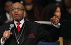 Rev. Jasper Williams Jr., delivers the eulogy during the funeral service for Aretha Franklin in Detroit, Aug. 31, 2018. Franklin died Aug. 16, 2018 of