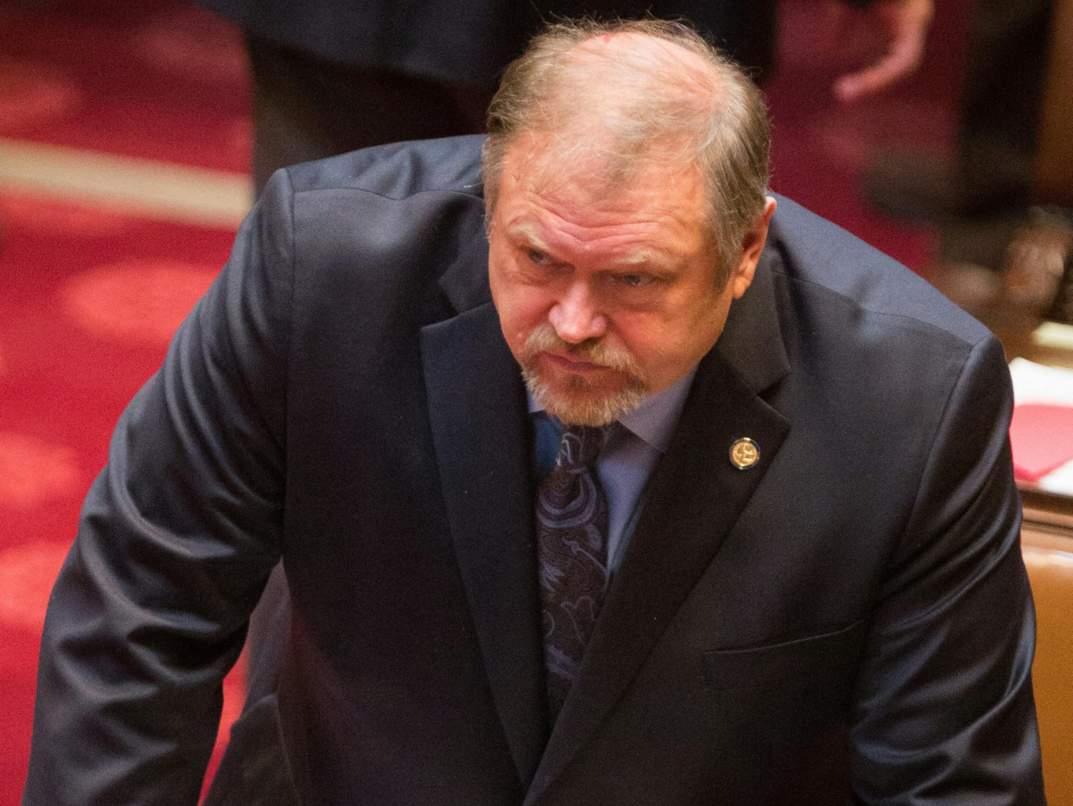 Senate Majority Leader Tom Bakk conferred with colleagues on the Senate floor. ] Mark Vancleave - mark.vancleave@startribune.com * Senate Majority Leader Tom Bakk Monday, Feb. 16, 2015